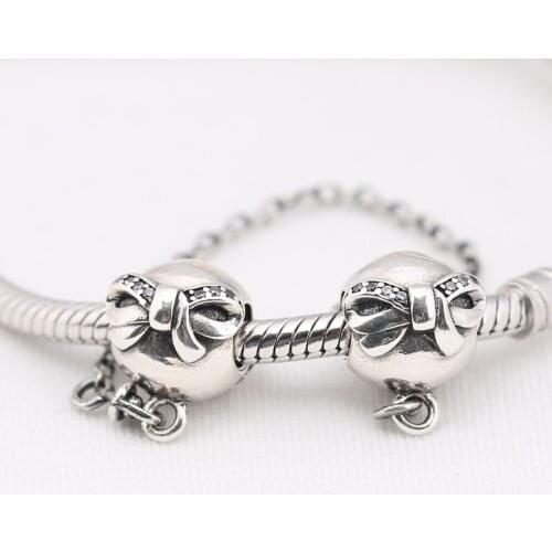 S925 DIY Jewelry Dainty Bow Safety Chain Charm fit Lady Bracelets & Bangles Clear CZ