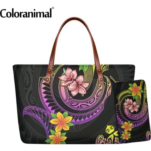 Coloranimal Pretty Polynesian Plumeria Flowers with Spiral Pattern Handbag for Women 2Pcs/Set Shoulder Bag&Wallet Tote Bolsa Hot