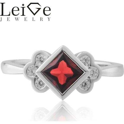 Leige Jewelry Natural Garnet Ring Square Cut Red Gemstone Engagement Rings For Woman Sterling Sliver 925 Janurary Birthstone