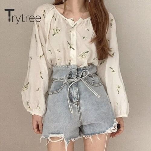 Trytree 2020 Spring Women Casual Blouse O-neck Single Breasted Fashion Print Vintage Elegant All-Purpose Style Blouse Tops