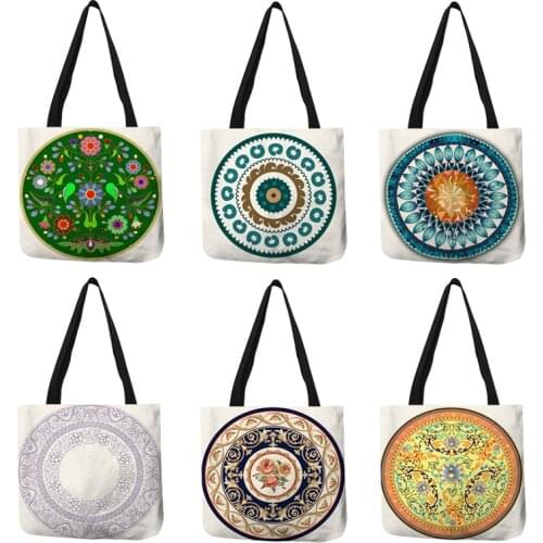 Women Ladies Simple Floral Shopping Handbag Round Flowered Leaf Pattern Shoulder Bag Linen Material Durable Good Quality Totes