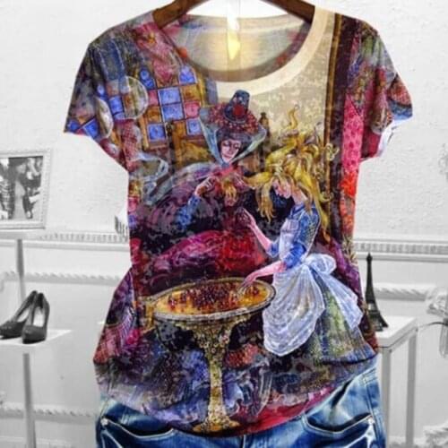 Plus size 5XL!Silk short sleeve t-shirt women summer new retro printed o-neck cotton printed top tees