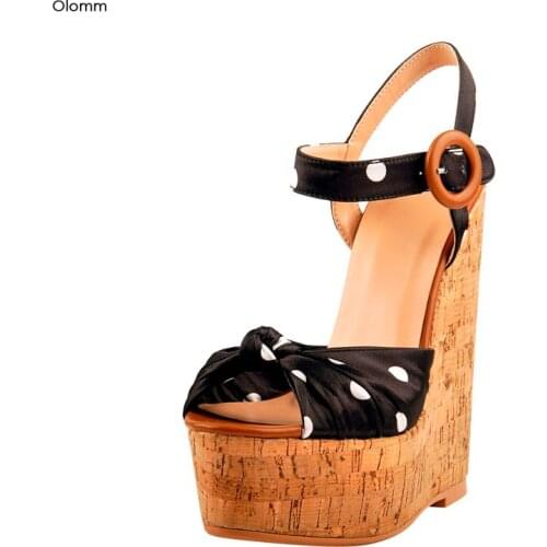 Olomm New Handmade Polka Dot Women Platform Sandals Wedges High Heel Sandals Open Toe Black Party Shoes Women US Plus Size 5-15