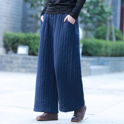 Johnature 2020 New Cotton Linen Elastic Mid Waist Loose Vintage Full Length Pants Winter Solid Color Casual Women Wide Leg Pants