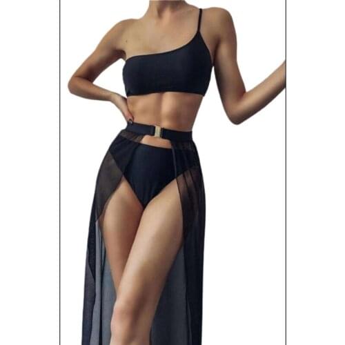 Women Sexy 3pcs Bikini Set Solid Color One Shoulder Swimsuit with Mesh Skirt