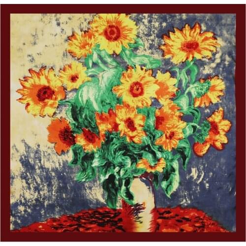 Women Sunflower Print Scarf Fashion Silk Bandana Hijab Large Hairhand Female Painting Neckerchief Lady Head Wrap Foulard 2021