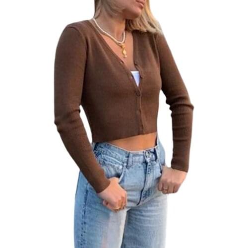 Womens Button Down Crop Tops, Long Sleeve V Neck Solid Color Rib Knit Cardigan
