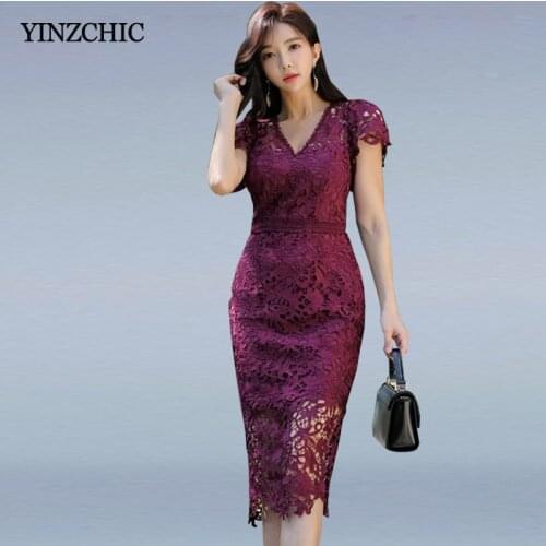 Elegant Woman Lace Pencil Dress Short Sleeve V-neck Ladies Knee-legnth Dress for Office Lady Spring Summer New Burgundy Dress