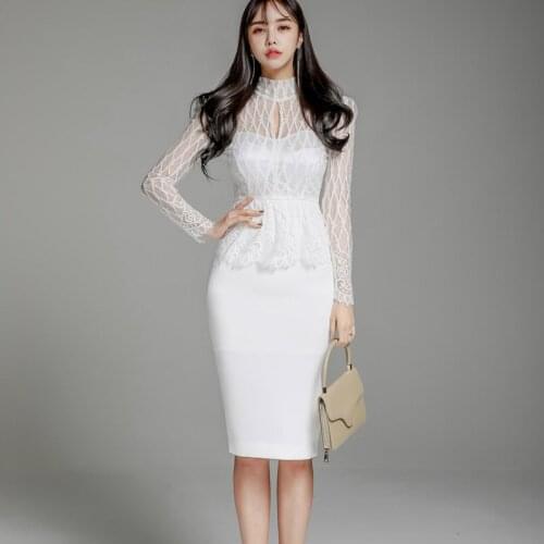 2020 Spring Summer Black Lace Patchwork Office Work Dress Women Long Sleeve Hollow Out White Dress Ladies Bodycon Wrap Dresses