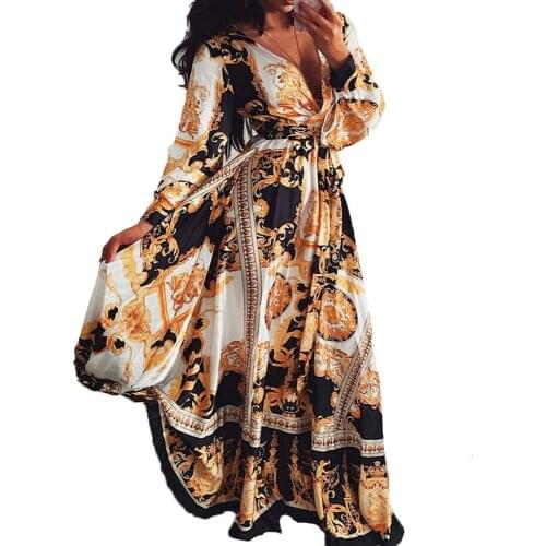 Women Long Sleeve Boho Dress ,V Neck High Waist Floral Print Long Sundress Vintage Casual Loose Beach Cocktail Prom Gown
