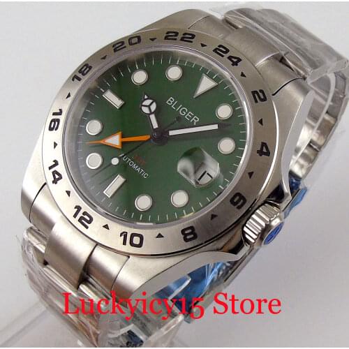BLIGER Automatic Men Watch Sapphire Crystal Steel Business Green Dial Sapphire Crystal Folding Clasp GMT MINGZHU 3804
