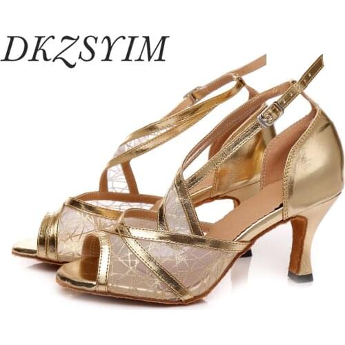 DKZSYIM Gold Ladies' Latin Shoes PU+Mesh Ballroom Soft Bottom Salsa Shoes Women Elegant Ankle Strap Dance Shoes Hot Sales 2020