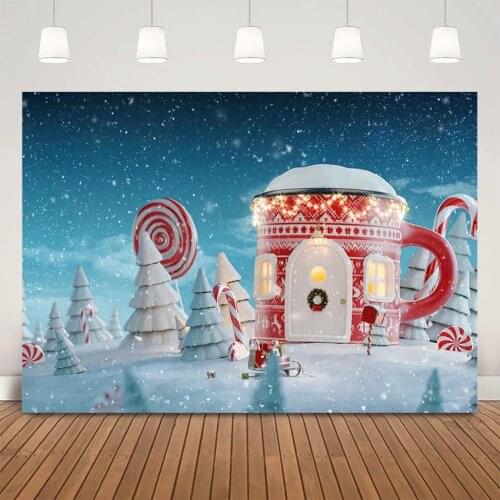 Merry Christmas red house winter snow background for photo studio candy house pine snowflake photo booth background photocall