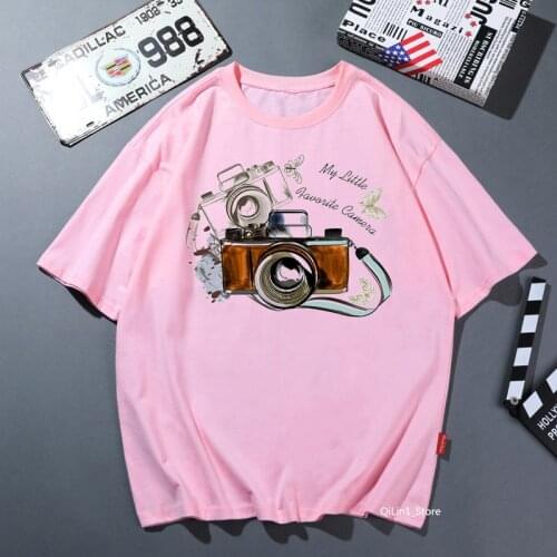 Watercolor flowers camera print t-shirt women retro camera pink solid tshirt femme harajuku shirt aesthetic clothes tops