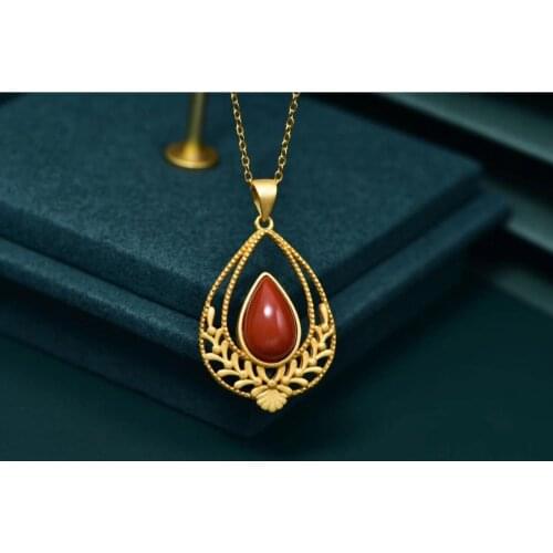 Internet Celebrity Live Broadcast Same Style 925 Silver Accessories Inlaid South Red Water Drop Ancient Hollow Luxury Design Pen