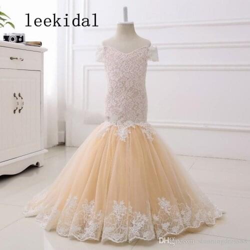 Ivory Lace Champagne Tulle Mermaid Flower Girls Dresses Real Photos With Short Sleeves Off the shoulder Kids Wedding Party Dress