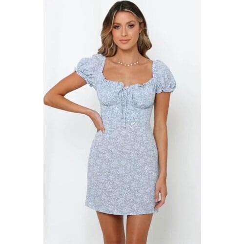 Puff sleeve ruffle summer dress women 2020 new beach short dress lace up blue short dresses vintage elastic tunic mini dress