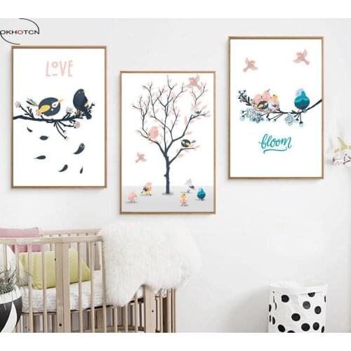 Cartoon Birds Love Nordic Poster Wall Art Canvas Painting Picture Posters Nordic Style Kids Decoration Unframed