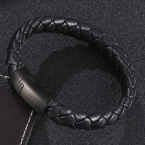 Bracelets for Men Black Braided Leather Bracelet Stainless Steel Magnetic Clasps Male Bangles Fashion Jewelry Gifts ST0500