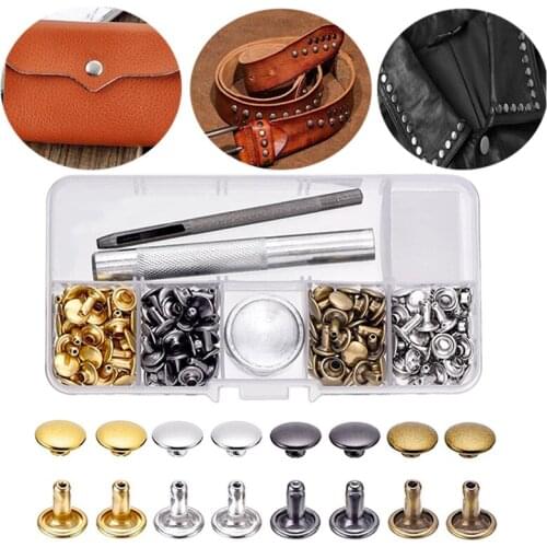 100 Set Leather Rivets Double Cap Rivets with Fixing Tool Kit for Leather Craft Repairing Decoration, 4 Color