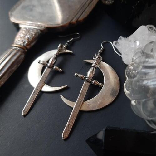 New Swords Moon Earrings Witchy Warrior Pagan Viking Alternative Gothic Medieval Fashion Warrior Jewellery Beautiful Women Gift
