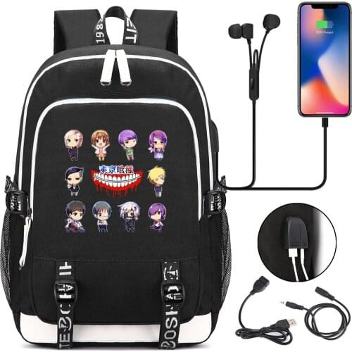 New Cartoon Tokyo Ghoul Printed USB Headphone Jack Boy Girl Kids School bag Women Bagpack Canvas Men Backpack Packsack Bookbag