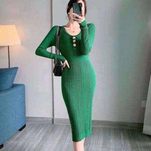 Sleeve Bodycon Dress Long Women Winter Clothes Button Up O-Neck Green Black White Warm Elasticity Knitted Sexy Sweater Dresses