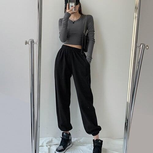 Solid Color Harajuku Streetwear TShirt Women Cotton O-Neck Long Sleeve Tight T-Shirt Casual Fashion Female Gothic Top Pants Sets