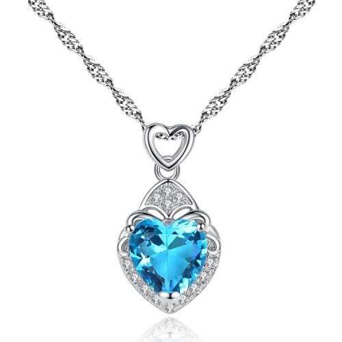 Heart shape hanging pendant necklace setting cubic zirconia water wave chain silver color necklace for women