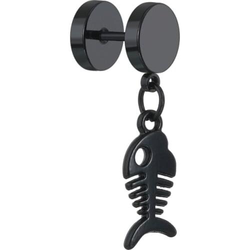 Unisex Drop Earring Single Black Fish Stainless Steel Stud Earring for Men Women Fashion Jewelry 2021 Night Club Rock Hip Hop