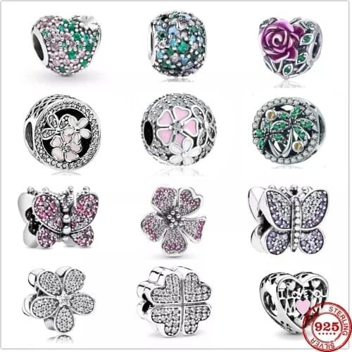 925 Sterling Silver Clover & Ladybird colorful heart Flower Pendant DIY fine beads Fit Original Pandora Charm Bracelet Jewelry