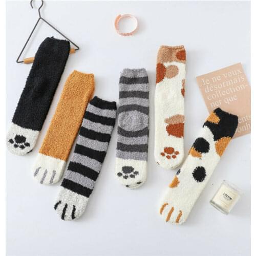 Six pairs Winter Warm Cat Paw Print Socks for Women Girls Sleeping Socks Home Floor Socks