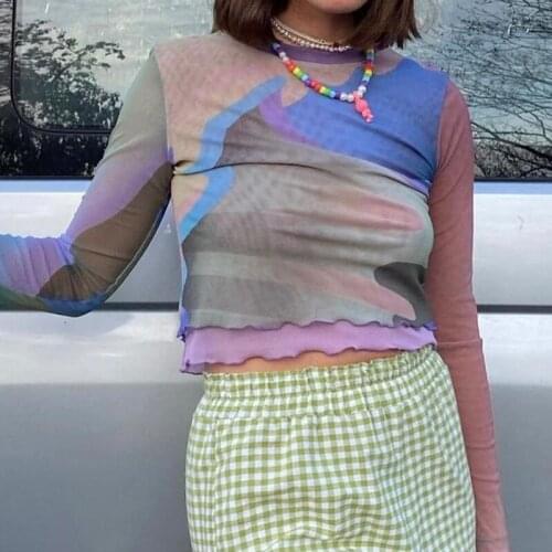 2021 Fashion Sexy Abstract Print Women Mesh Tops Long Sleeve Crew Neck Slim Fit Crop Top Streetwear Casual T-Shirt Short Tee