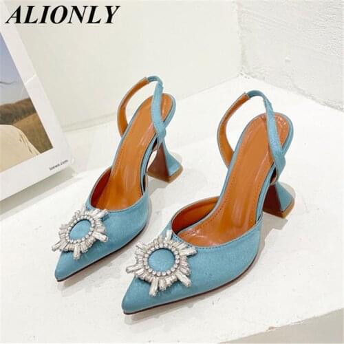 ALIONLY Pumps Fashion Crystal Slingback High Heels for Women 2021 Summer Comfortable Triangle Heeled Party Wedding Bride Shoes