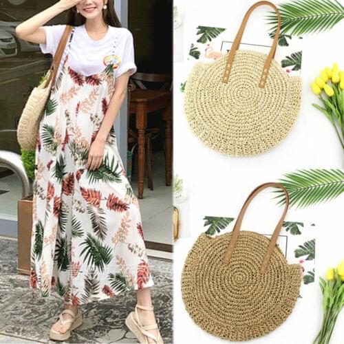 Women Bohemian Grass Bag Vintage Hand Woven Zipper Closure Shoulder Storage Bags Trendy Large Round Rattan Straw Sundries Holder