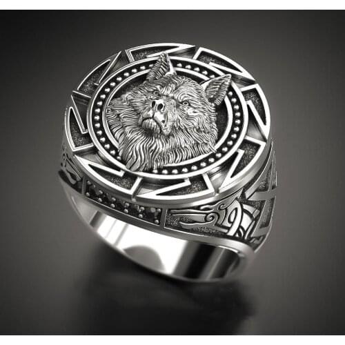 Vintage Engraving Relief Wolf Head Runes Bow Ring Men Male Biker Viking Steampunk Ring Statement Jewelry Accessories Gift A4T738