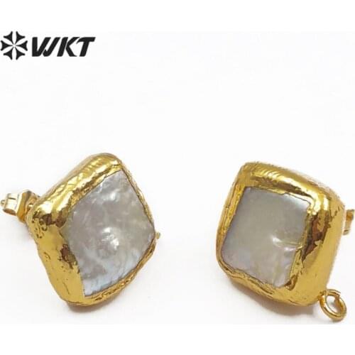 WT-JF302 Freshwater Pearl In Rhombus Shape Gold Framed Natural Pearl Jewelry 10MM Pearl Stud Earring Accessories For Women DIY