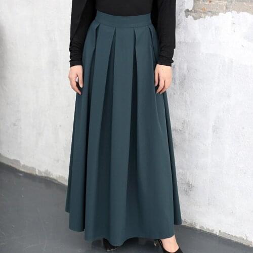 Elegant Women Pleated Long Skirt Muslim High Waist Solid Color Maxi Skirts Ramdan Flare Skater Skirts Islamic Clothing Bottoms