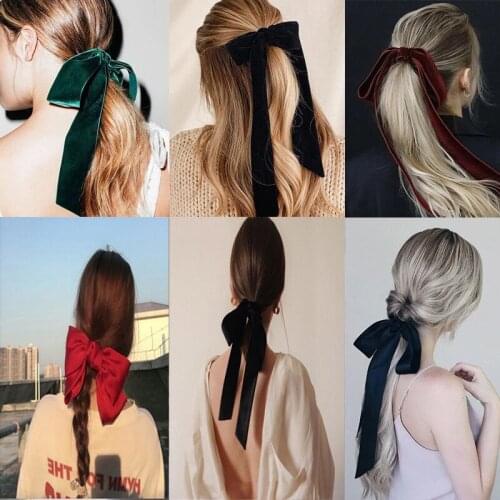 Vintage Sweet Velvet Large Bows Hair Ribbon Scrunchie for Women Girls Long Rubber Hair Tie Headwear Female Hair Accessories