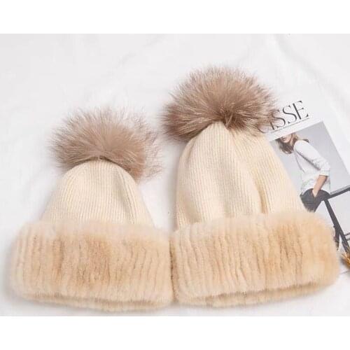 CX-C-248 Fox Fur Pom Pom 100% Wool Hat Mommy And Baby Knitted Genuine Mink Fur Hat