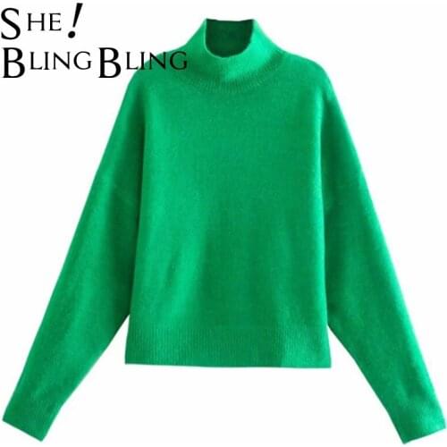 SheBlingBling Za Woman 2021 Traf Sweater Pullover Autumn Fashion Simple Half High Neck Warm Sweater Femme Casual Streetwear Pull