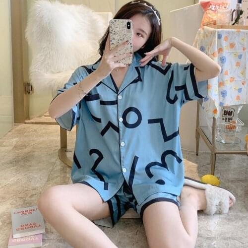 2021 Summer Short Sleeve Silk Satin Print Pajama Sets for Women Shorts Sleepwear Suit Pyjamas Homewear Pijama Mujer Home Clothes