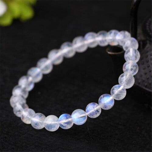 Newly Genuine Natural Moostone Quartz Crystal Blue Light Transparent Round Beads Jewelry Stretch Charm Bracelet Femme 8mm