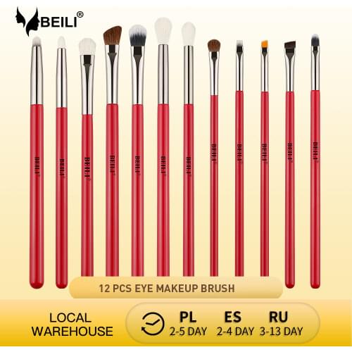 BEILI Red 12pcs Makeup Brushes Set Goat Pony Hair Eyeshadow Eyebrow Foundation Brushes Eyeliner Professional Make up brushes