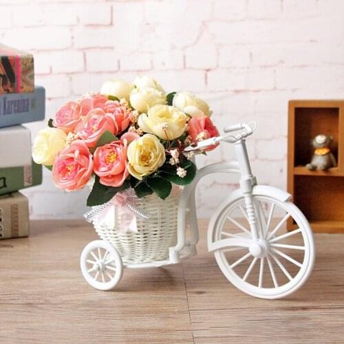 White Bicycle Flower Basket Decoration Tricycle Design Plastic Vase Flower Pot Storage Home Wedding Party Decorative