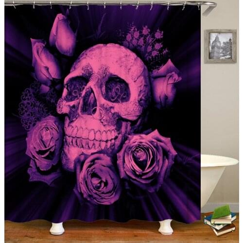 Purple 3D Skull Flower Printed Bathroom Curtain Polyester Waterproof Home Decor Curtain With Hook Bathroom Screen 200x180cm
