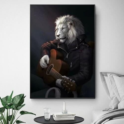 Animal Art Painting Print On Canvas Wall Canvas Art Lion Gentleman Playing Guitar Picture for Living Room Quadros Home Decor