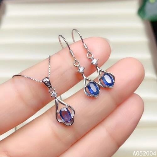 KJJEAXCMY Fine Jewelry 925 sterling silver inlaid natural sapphire female pendant earring set popular supports test