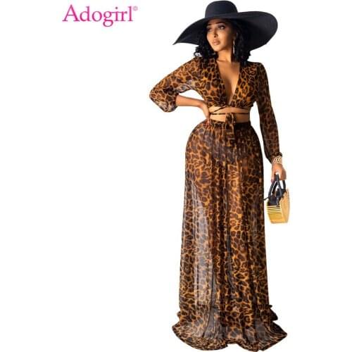 Adogirl Leopard Print Two Piece Set Chiffon Dress Women Sexy Lace Up V Neck Long Sleeve Blouse Crop Top Summer Beach Maxi Skirt