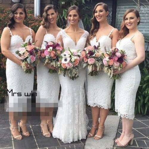 Mrs win Bridesmaid Dress Lace Sling Sweatheart White Wedding Party Dress For Girls Elegant Sheath Vestido Madrinha HR115